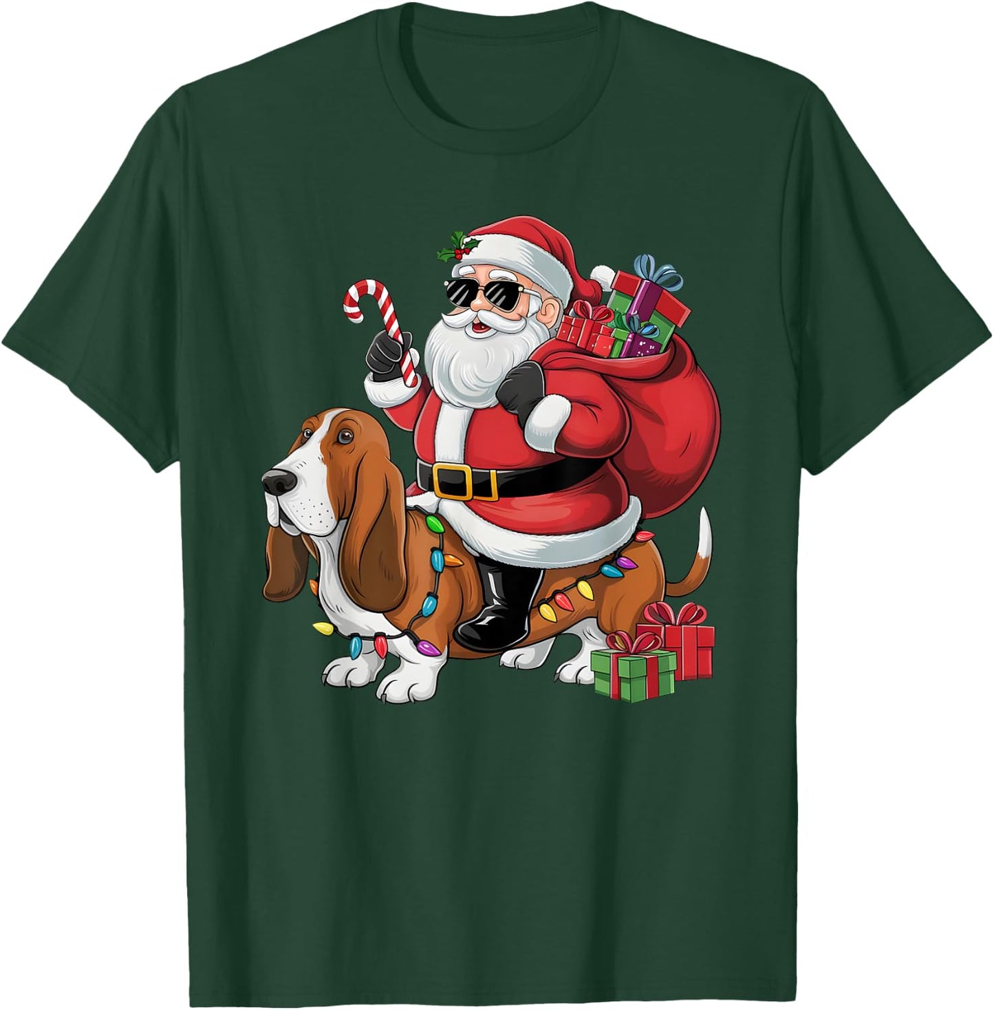 Xmas Lighting Funny Santa Riding Basset Hound Dog Christmas Men Women Kids T-Shirt - T-Shirt | Forest