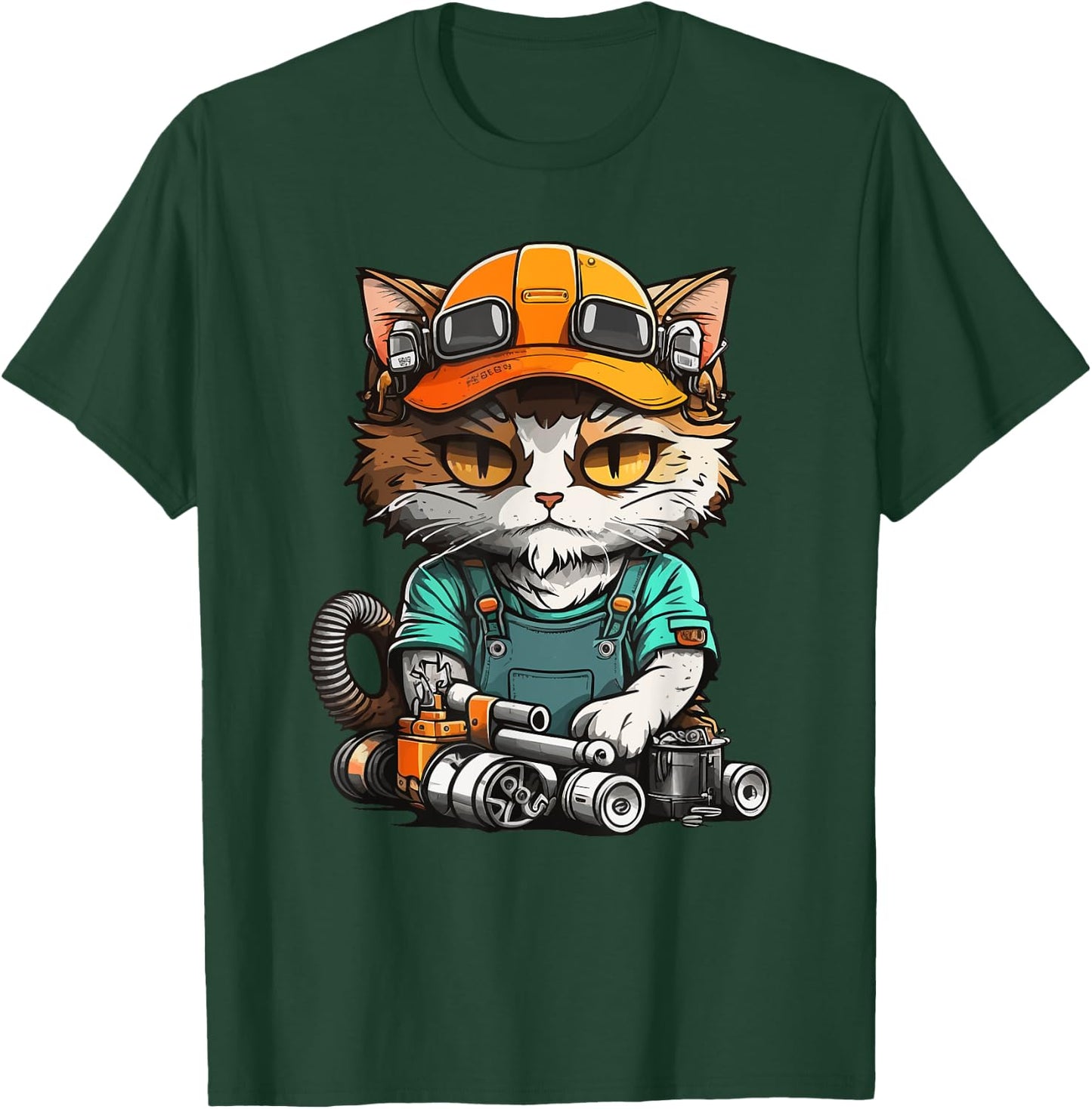 Manga Mechanic Cat - Repair Fun with Cat Flair T-Shirt - T-Shirt | Forest