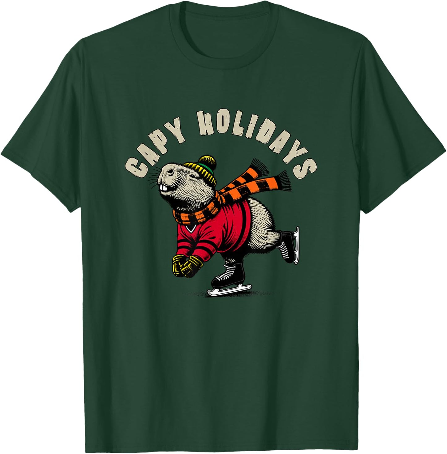 Funny Capybara Holiday Capy Holiday Ice Skating Capybara T-Shirt - T-Shirt | Forest