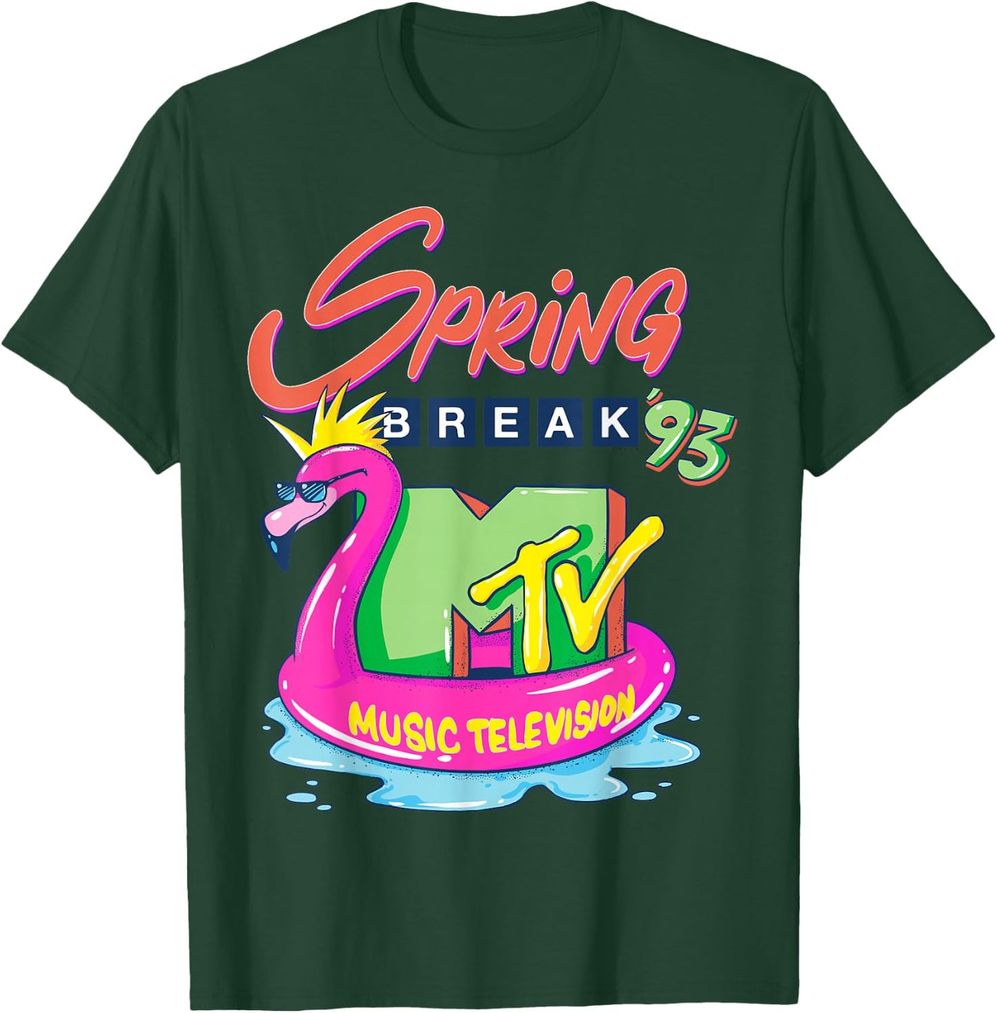 MTV Logo with Pink Flamingo Float - Spring Break '93 T-Shirt - T-Shirt | Forest