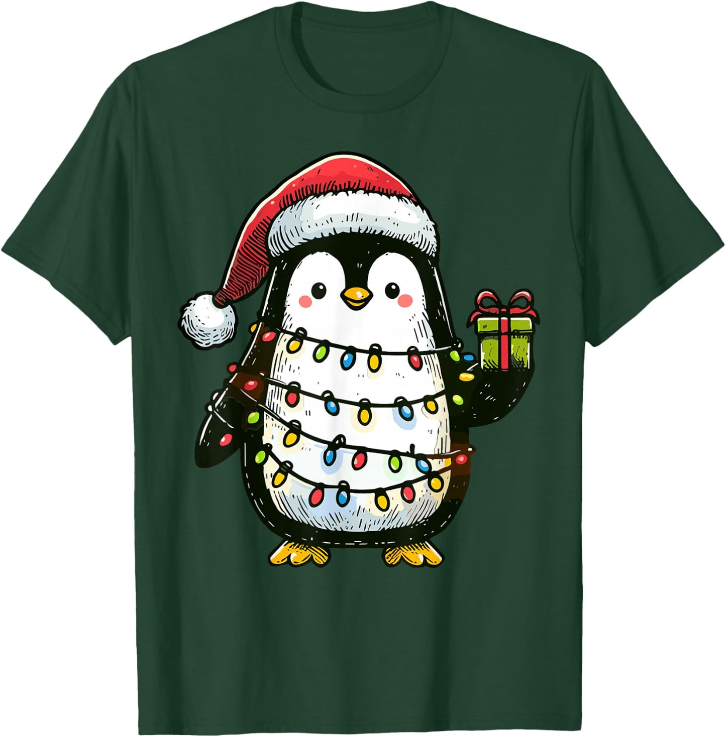 Penguin Wearing Santa Claus Hat Holding A Present Box Xmas T-Shirt - T-Shirt | Forest