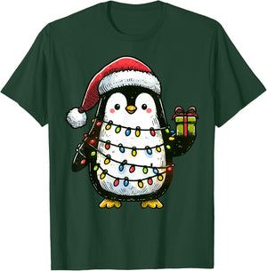 Penguin Wearing Santa Claus Hat Holding A Present Box Xmas T-Shirt - T-Shirt | Forest