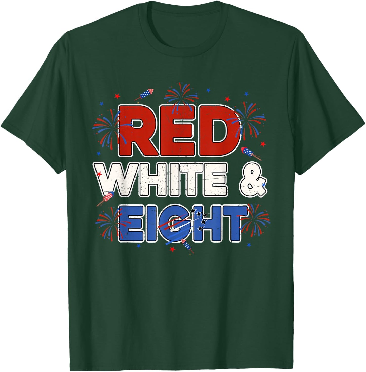 Red White & Eight 8th Birthday 4th July Fireworks Airplane T-Shirt - T-Shirt | Forest