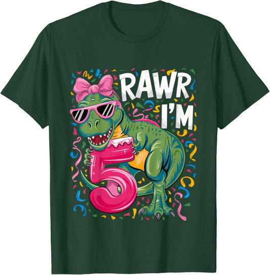 5 Year Old T Rex Dinosaur 5nd Birthday Girl T-Shirt - T-Shirt | Forest