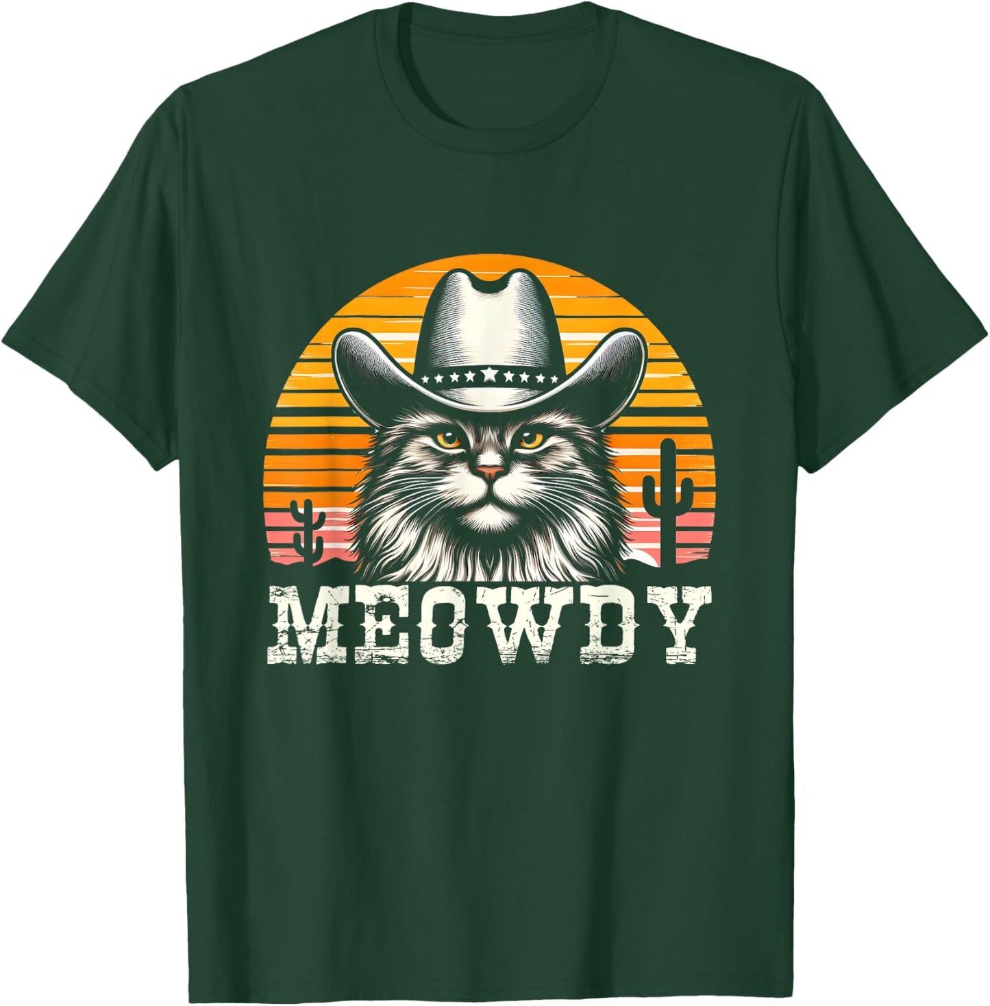Meowdy Country Music Vintage Cat Cowboy Hat Western T-Shirt - T-Shirt | Forest