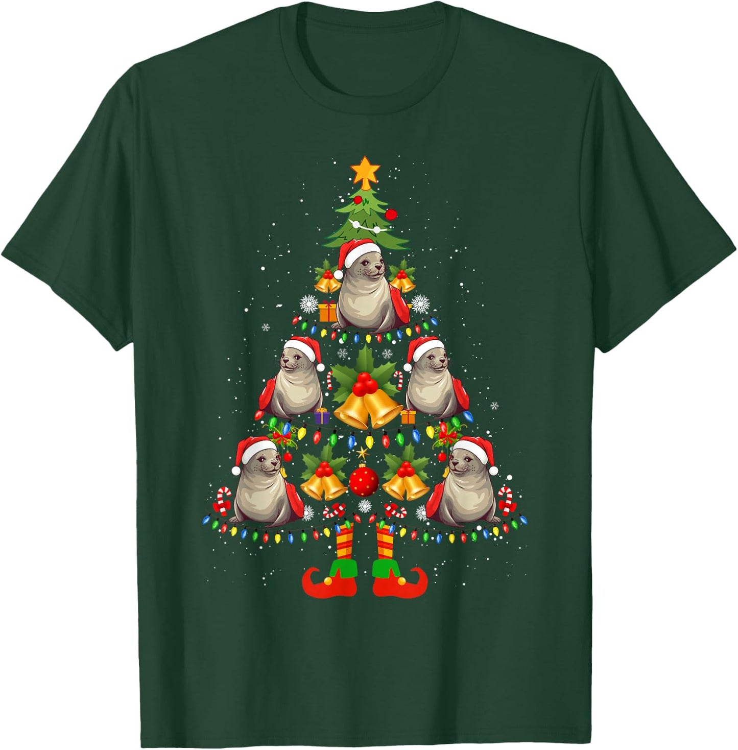 Hawaiian Monk Seal Santa Hat Christmas Tree Xmas Pajama T-Shirt - T-Shirt | Forest
