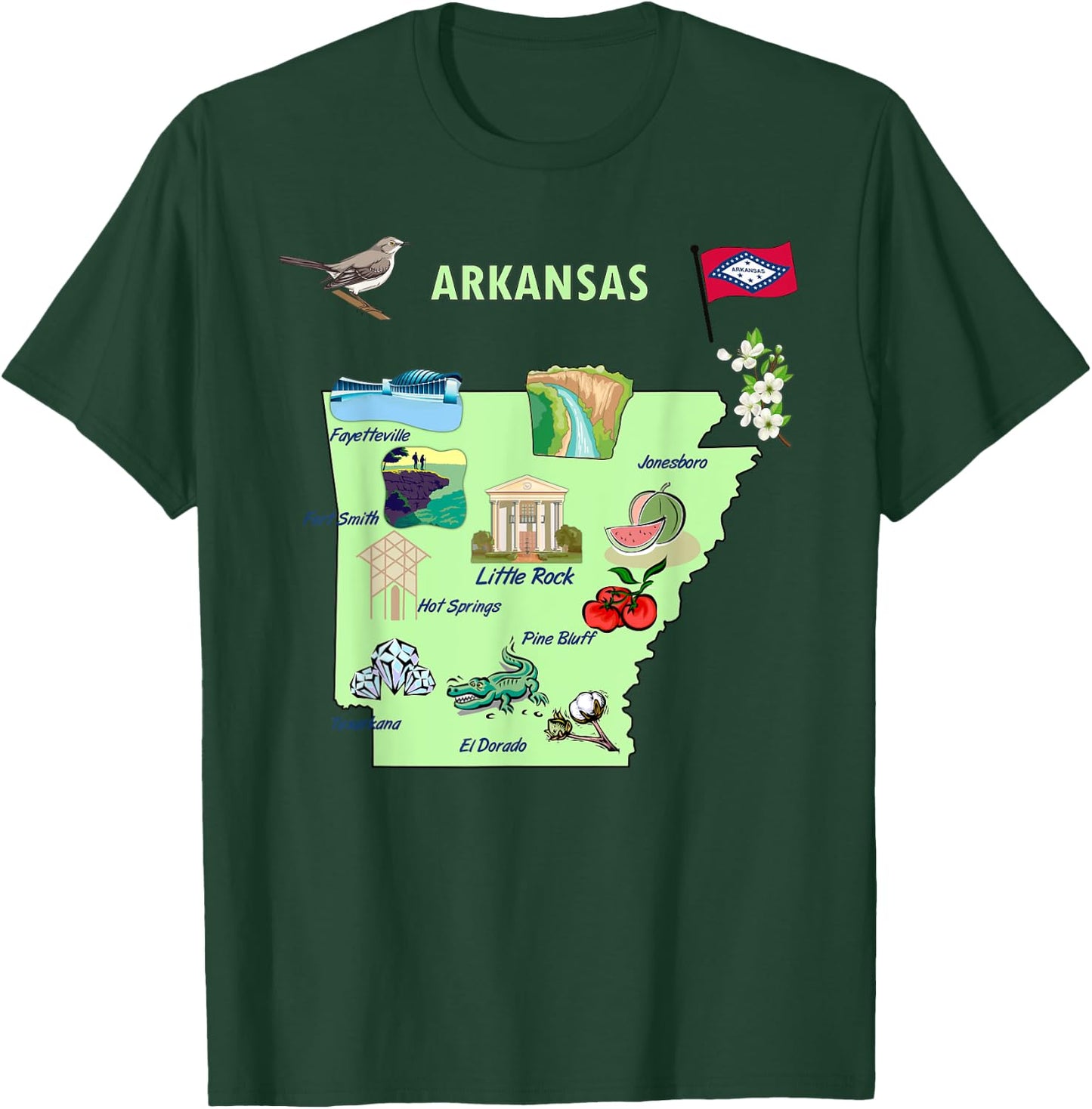 Arkansas state tourist map, landmarks, famous symbols, USA T-Shirt - T-Shirt | Forest