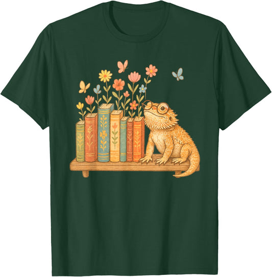 Cute Kawaii Bearded Dragon Books Flowers T-Shirt - T-Shirt | Forest
