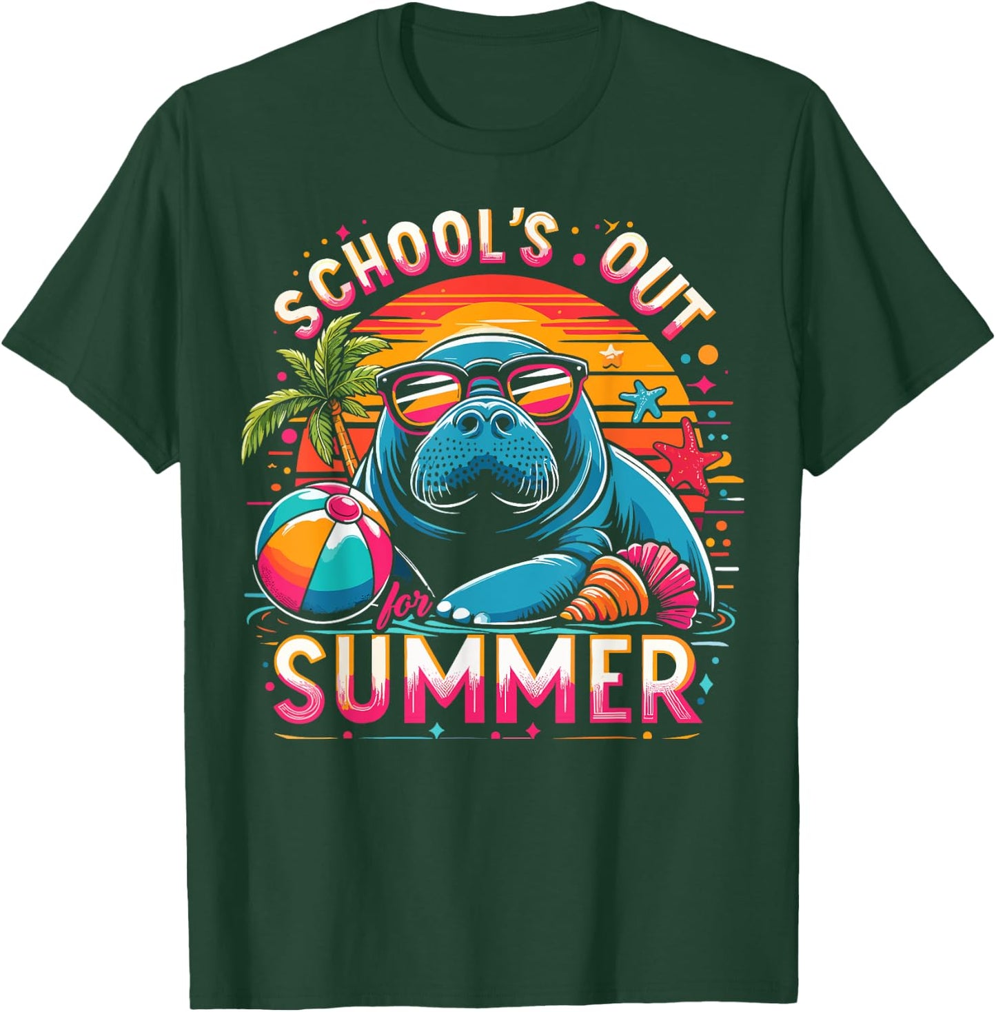 Retro Schools Out For Summer Teacher Girls Boys Kids Manatee T-Shirt - T-Shirt | Forest