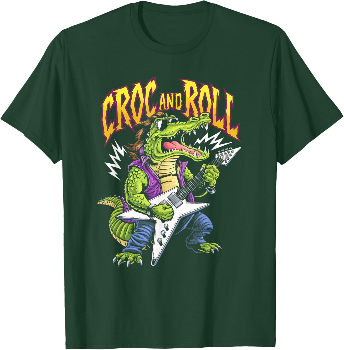 Croc And Roll Funny Crocodile Electric Guitar Rock Boys Men T-Shirt - T-Shirt | Forest