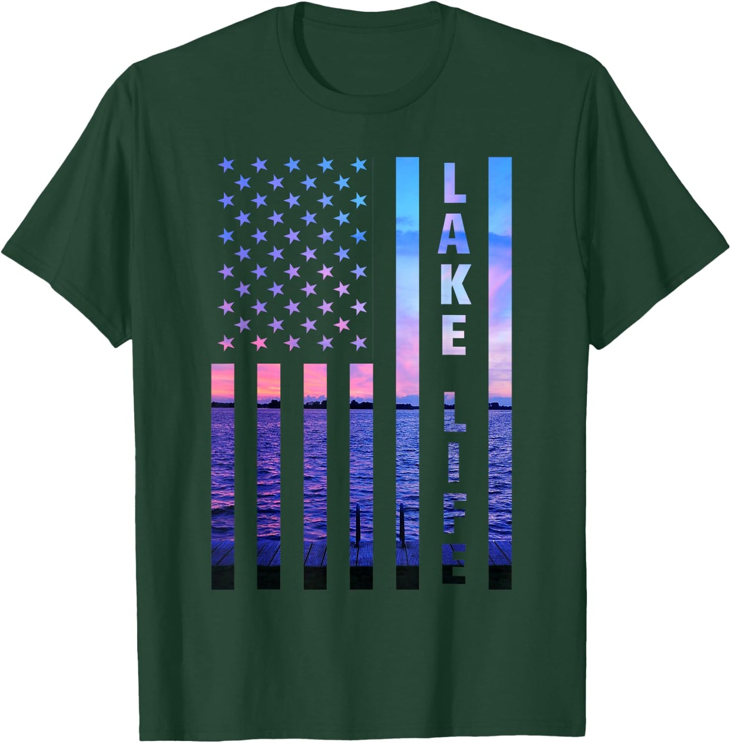 Lake Life American Flag Dock Sunset Wakeboarder Power Boat T-Shirt - T-Shirt | Forest
