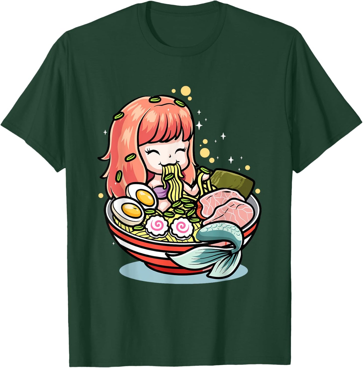 Cute Mermaid Eating Ramen Kawaii Noodle Bowl T-Shirt - T-Shirt | Forest