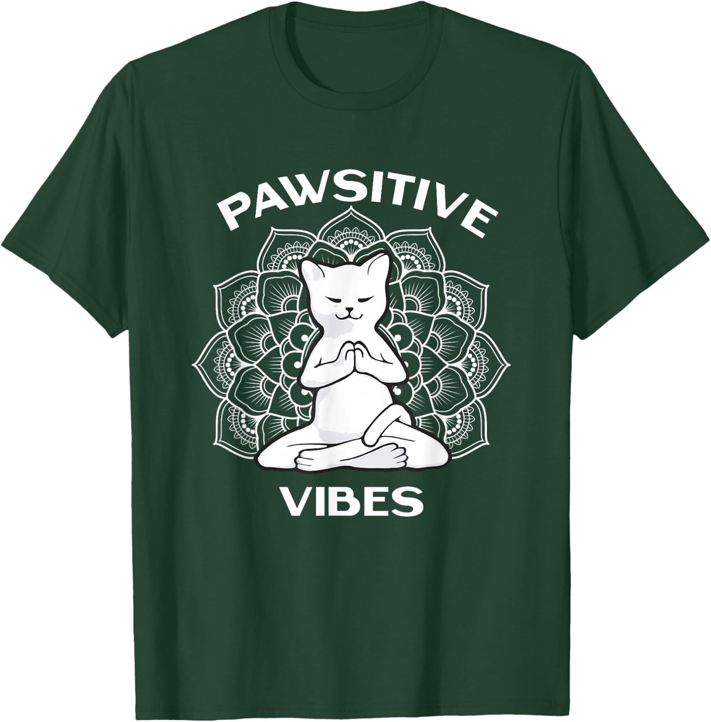 Zen Cat Zone Apparel Pawsitive Vibes Positivity Meditation Lotus Mandala Yoga Cat T-Shirt - T-Shirt | Forest