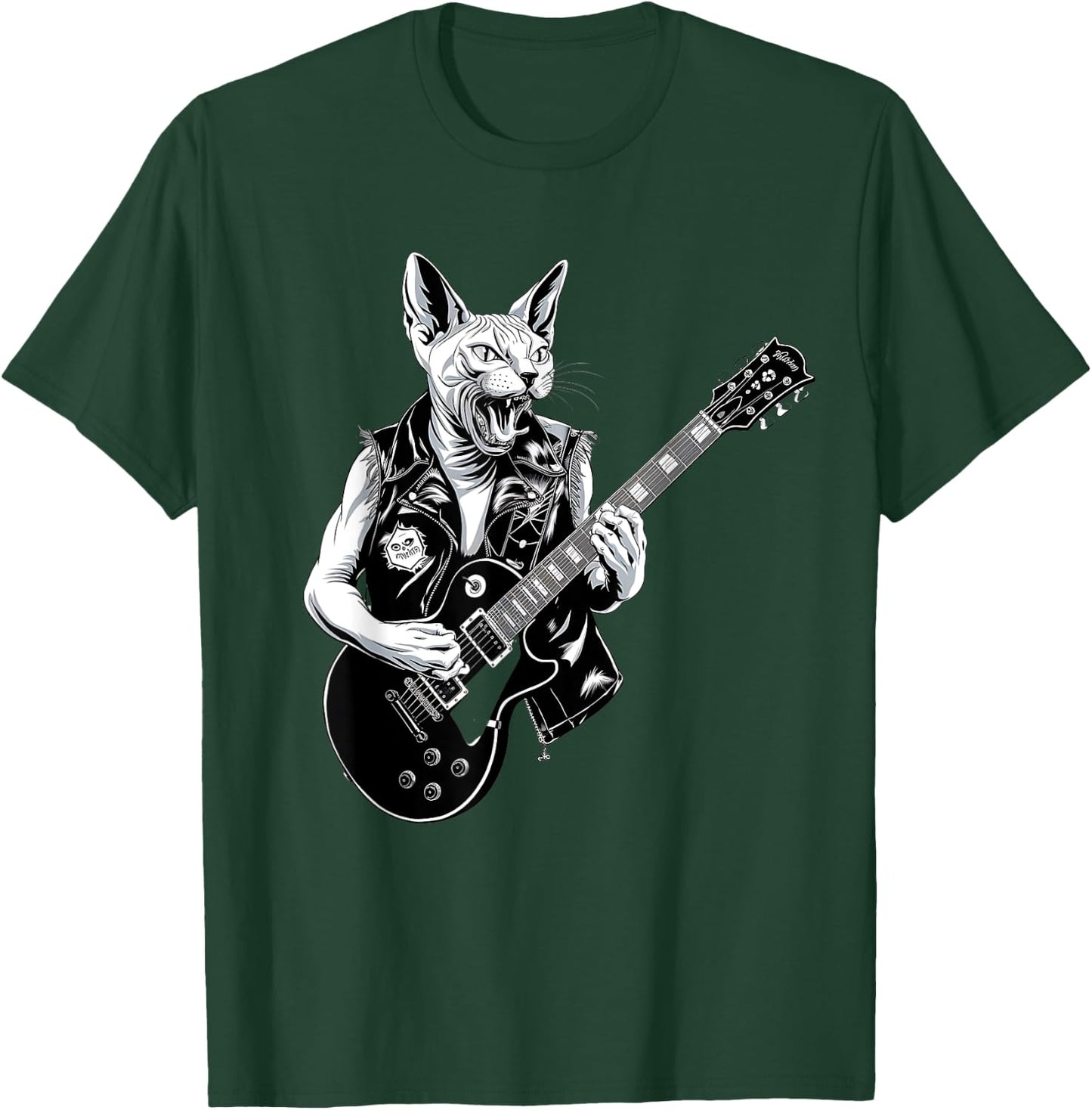 Rock Cat Playing Guitar Retro Sphynx Cat Guitarist Musicians T-Shirt - T-Shirt | Forest
