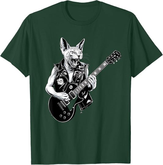 Rock Cat Playing Guitar Retro Sphynx Cat Guitarist Musicians T-Shirt - T-Shirt | Forest