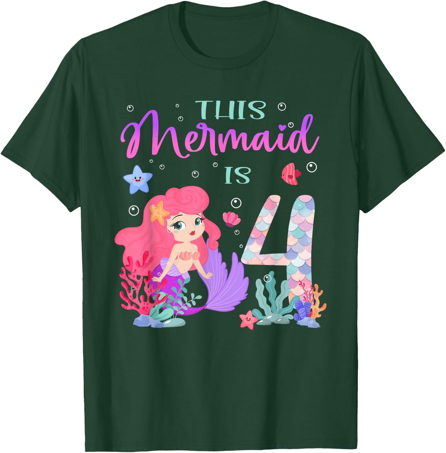 4th Birthday Cute Mermaid Girl 4 Year Old Birthday Party T-Shirt - T-Shirt | Forest