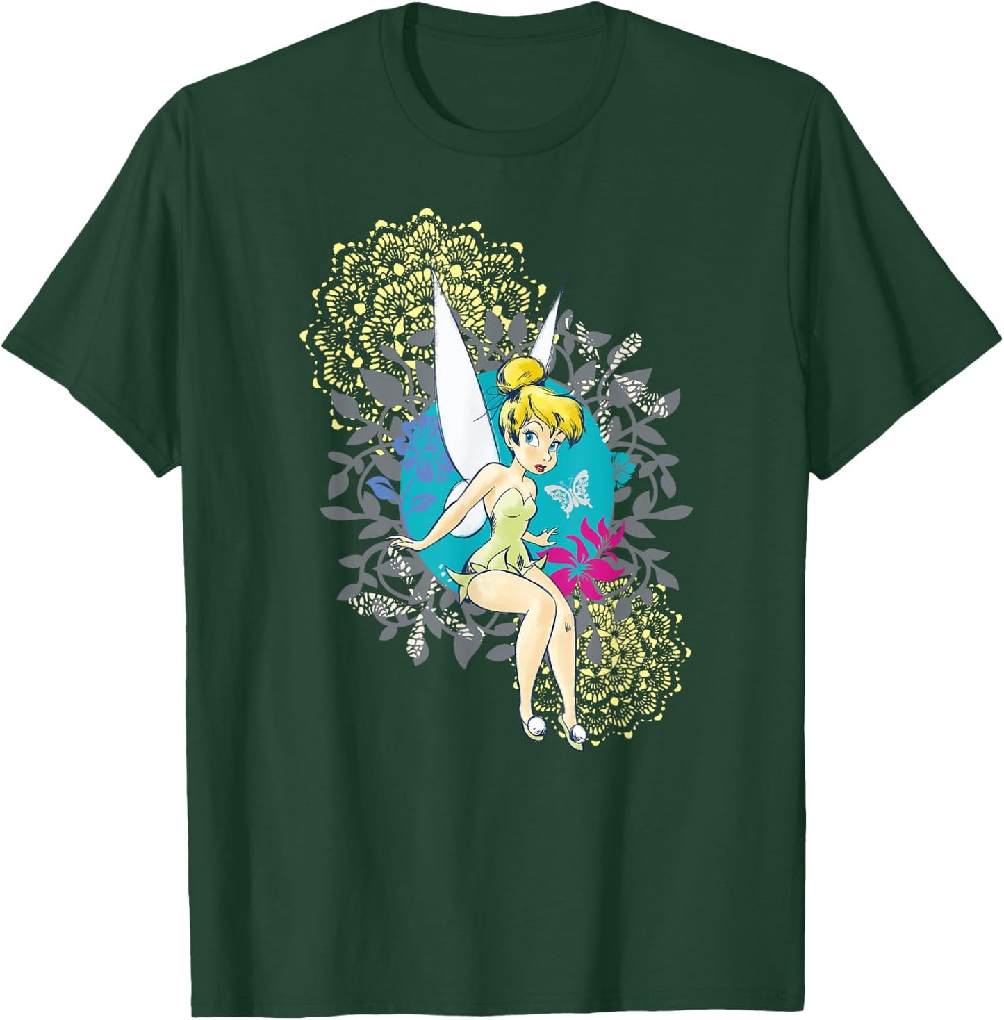 Tinkerbell Floral Pattern , Black, S T-Shirt - T-Shirt | Forest