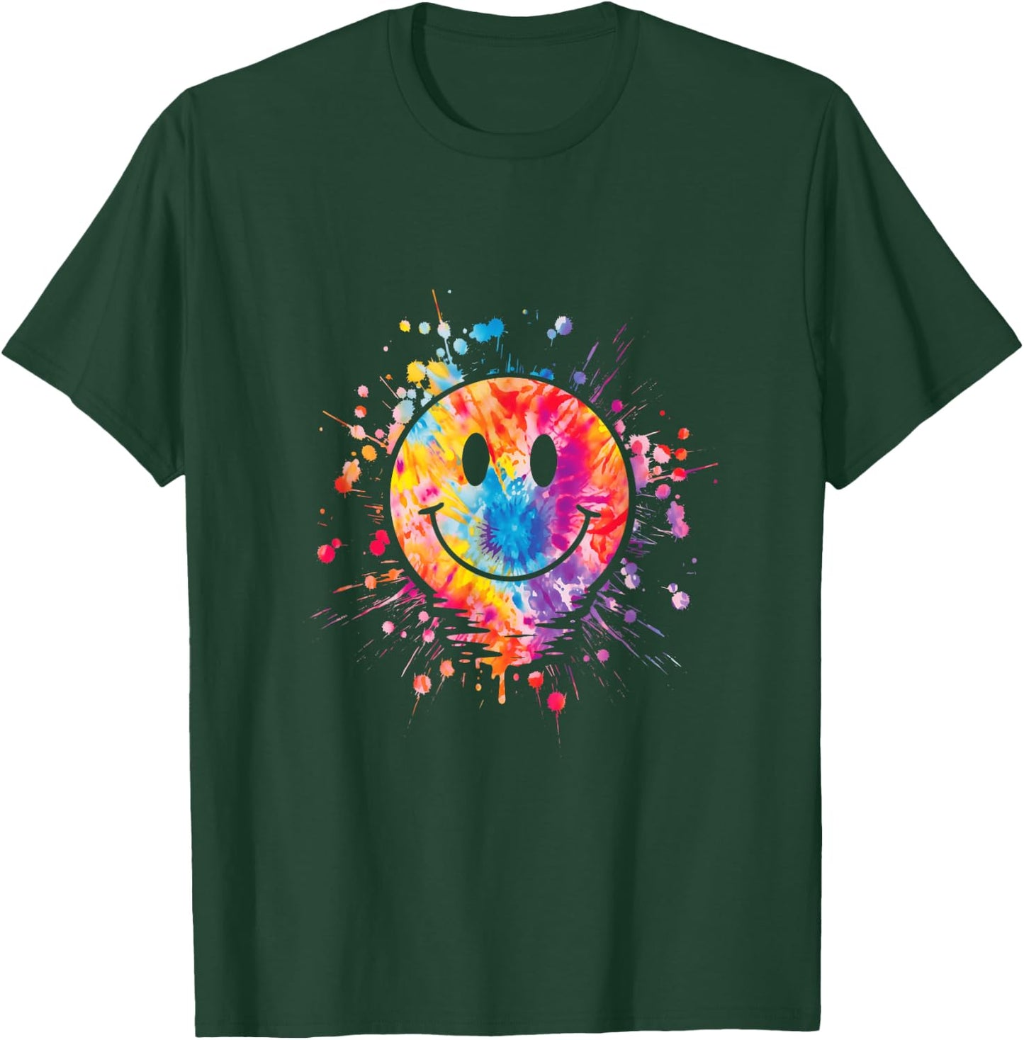 Retro Happy Face Rainbow Tie Dye Splatter 70s Peace Smile T-Shirt - T-Shirt | Forest