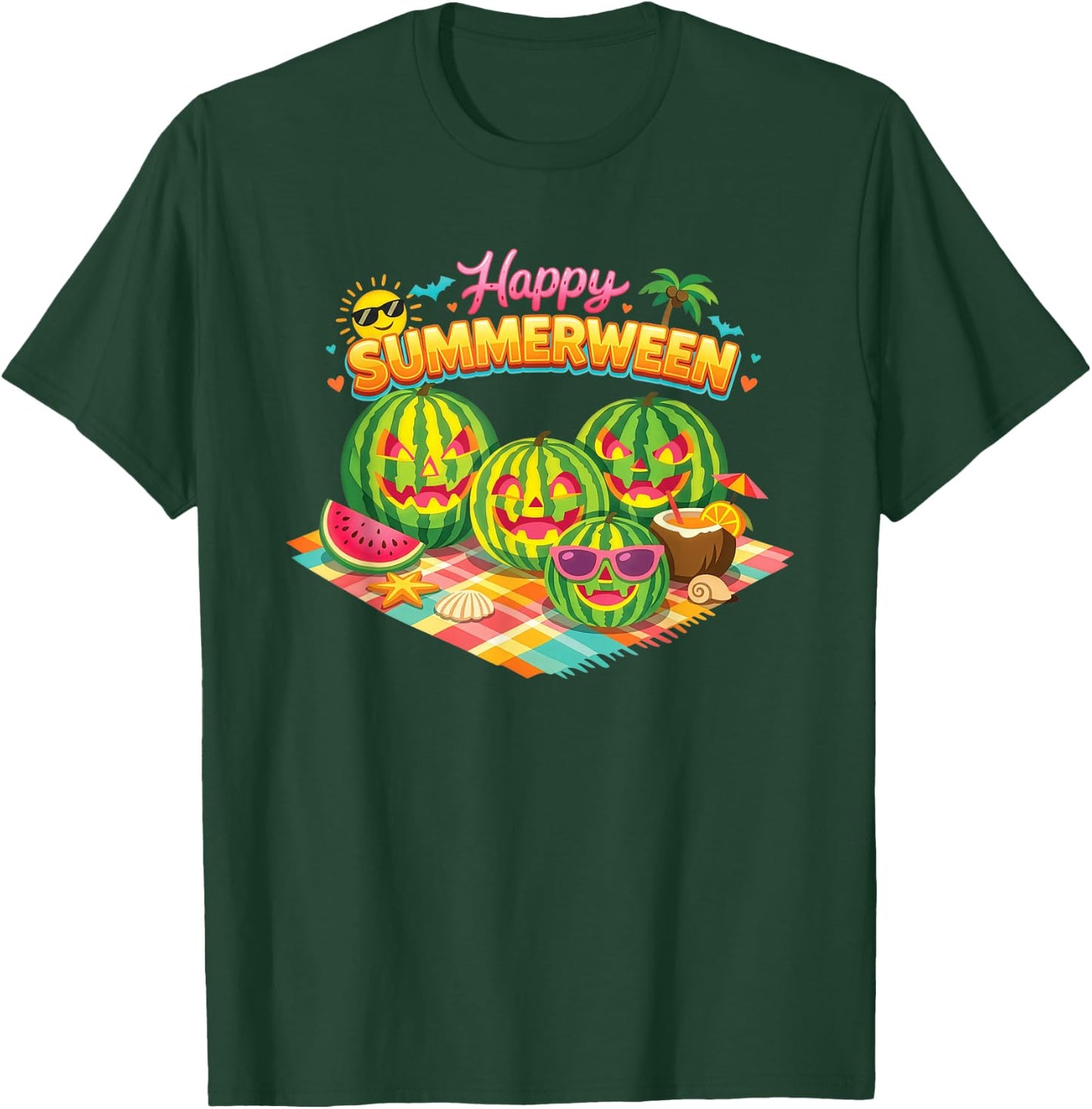 Happy Summerween Watermelon Jack O Lanterns Picnic T-Shirt - T-Shirt | Forest