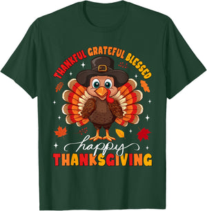 Thankful Grateful Blessed Thanksgiving Turkey Women Men Kids T-Shirt - T-Shirt | Forest