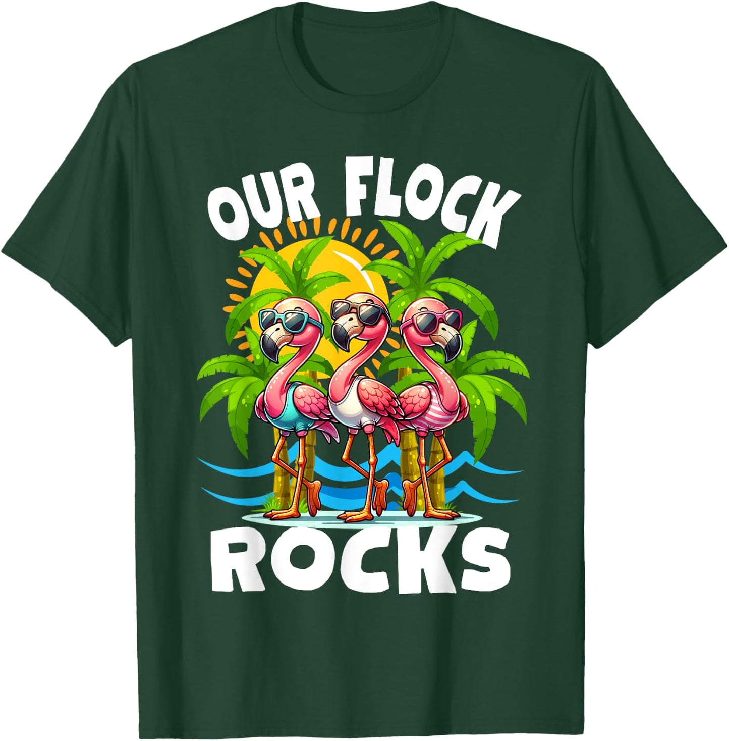 Our Flock Rocks Funny Flamingo Matching Family Vacation T-Shirt - T-Shirt | Forest
