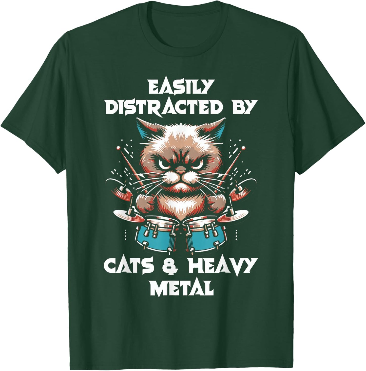 Easily distracted by cats and heavy metals - Funny Rock Cat , Black, S T-Shirt - T-Shirt | Forest