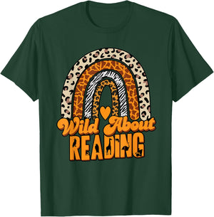 Wild About Reading Books Teacher Leopard Rainbow T-Shirt - T-Shirt | Forest