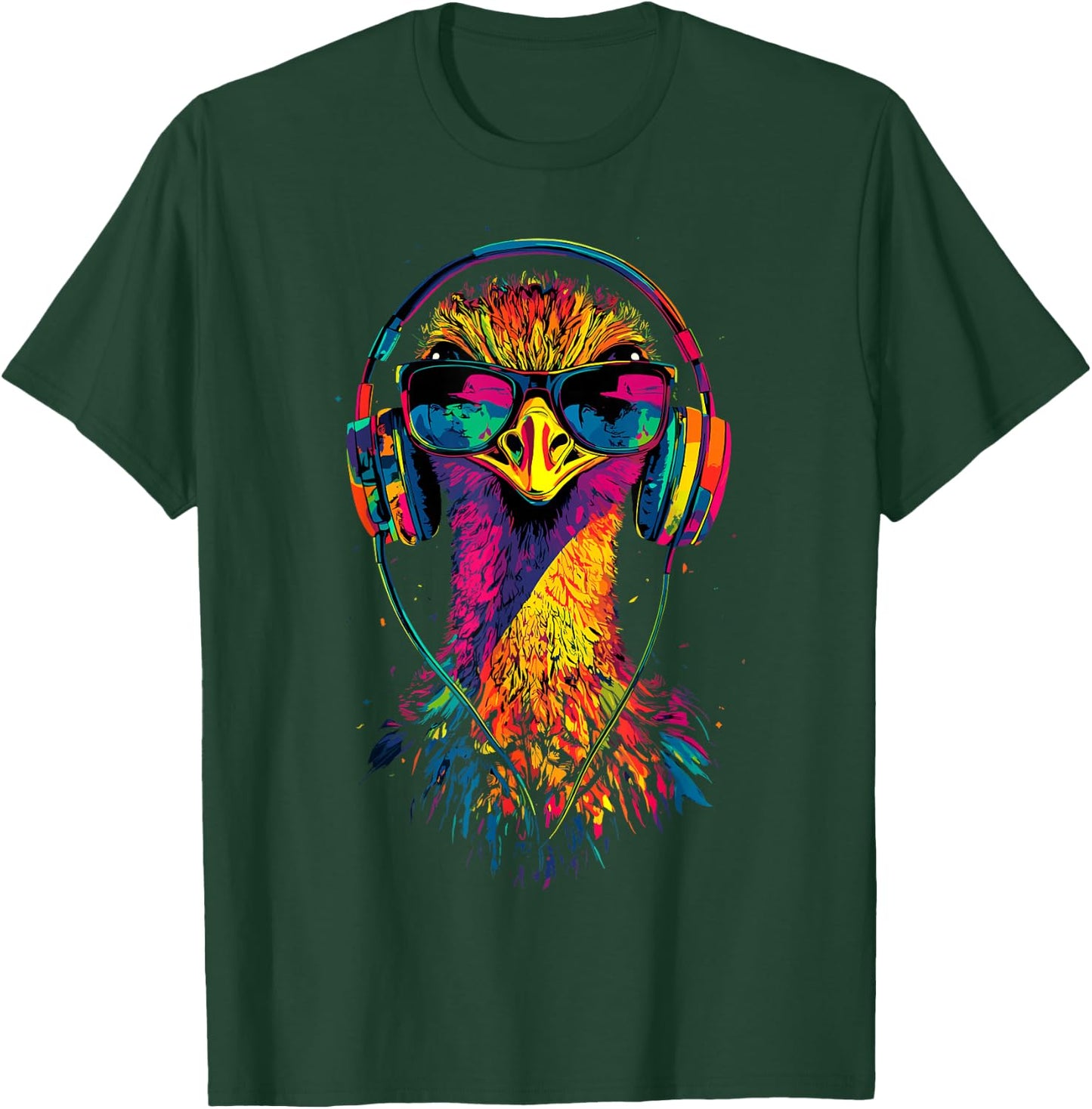 Ostrich Bird with Headphones Colorful Emu Music DJ , Black, S T-Shirt - T-Shirt | Forest