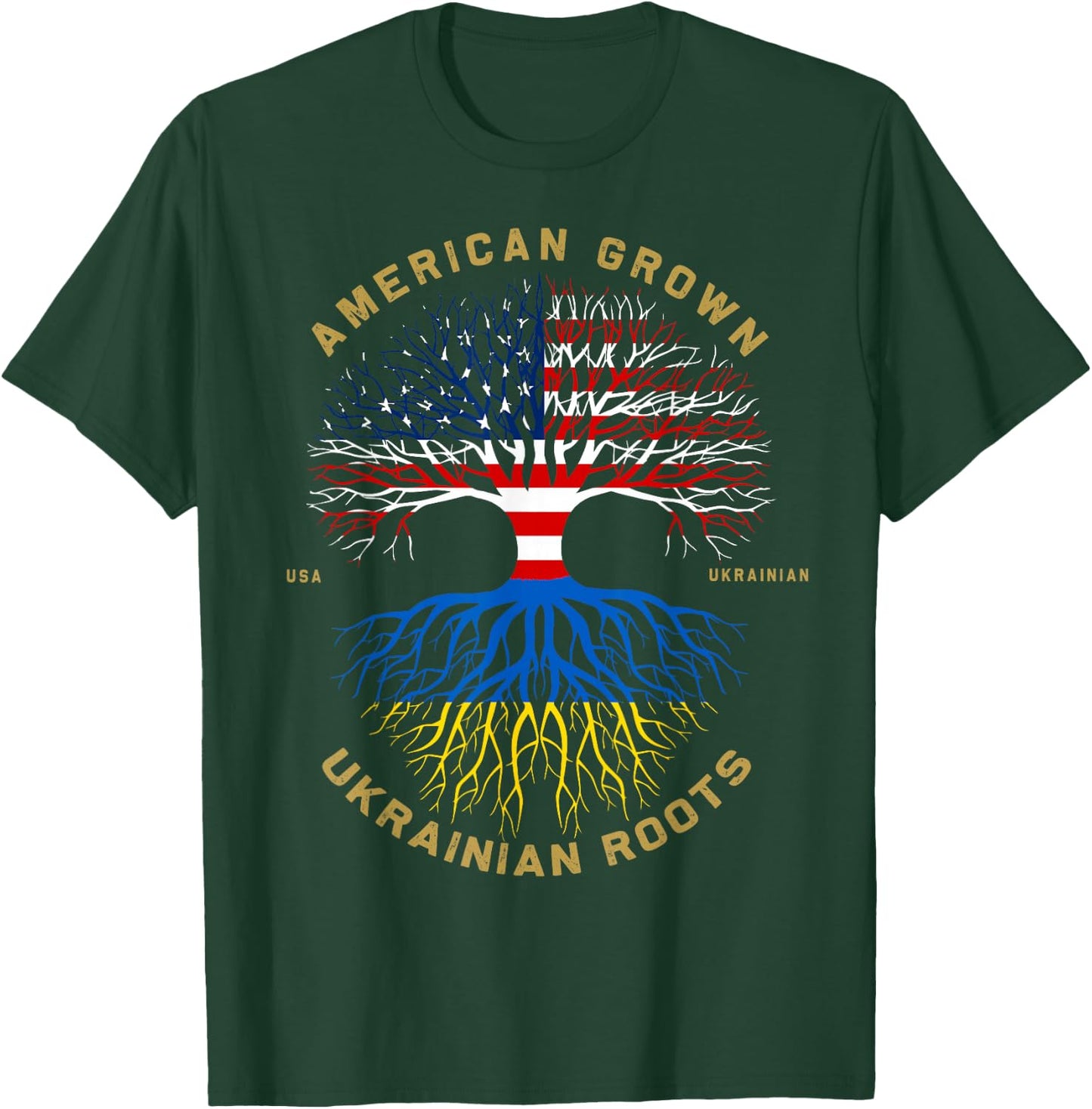 American Grown with Ukrainian Roots Tree Vintage USA Flag T-Shirt - T-Shirt | Forest
