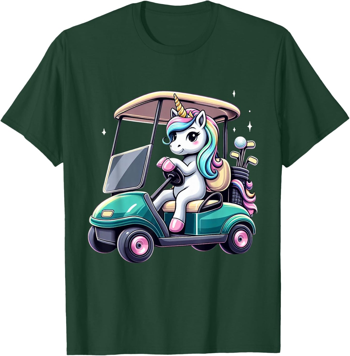 Unicorn Riding Golf Cart Boys Girls Women Kids Teens Rainbow T-Shirt - T-Shirt | Forest