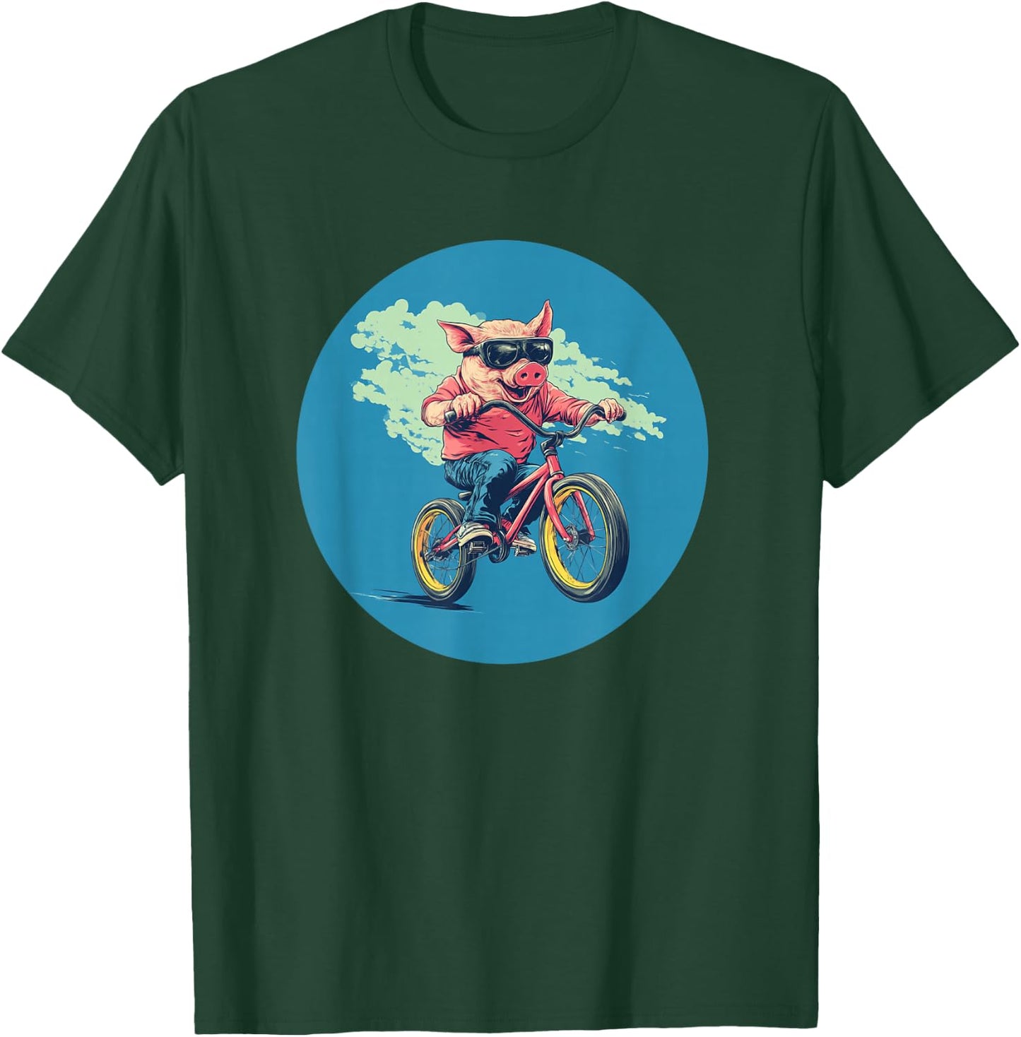 Comical Pig on a Bicycle for a Quirky Adventure T-Shirt - T-Shirt | Forest