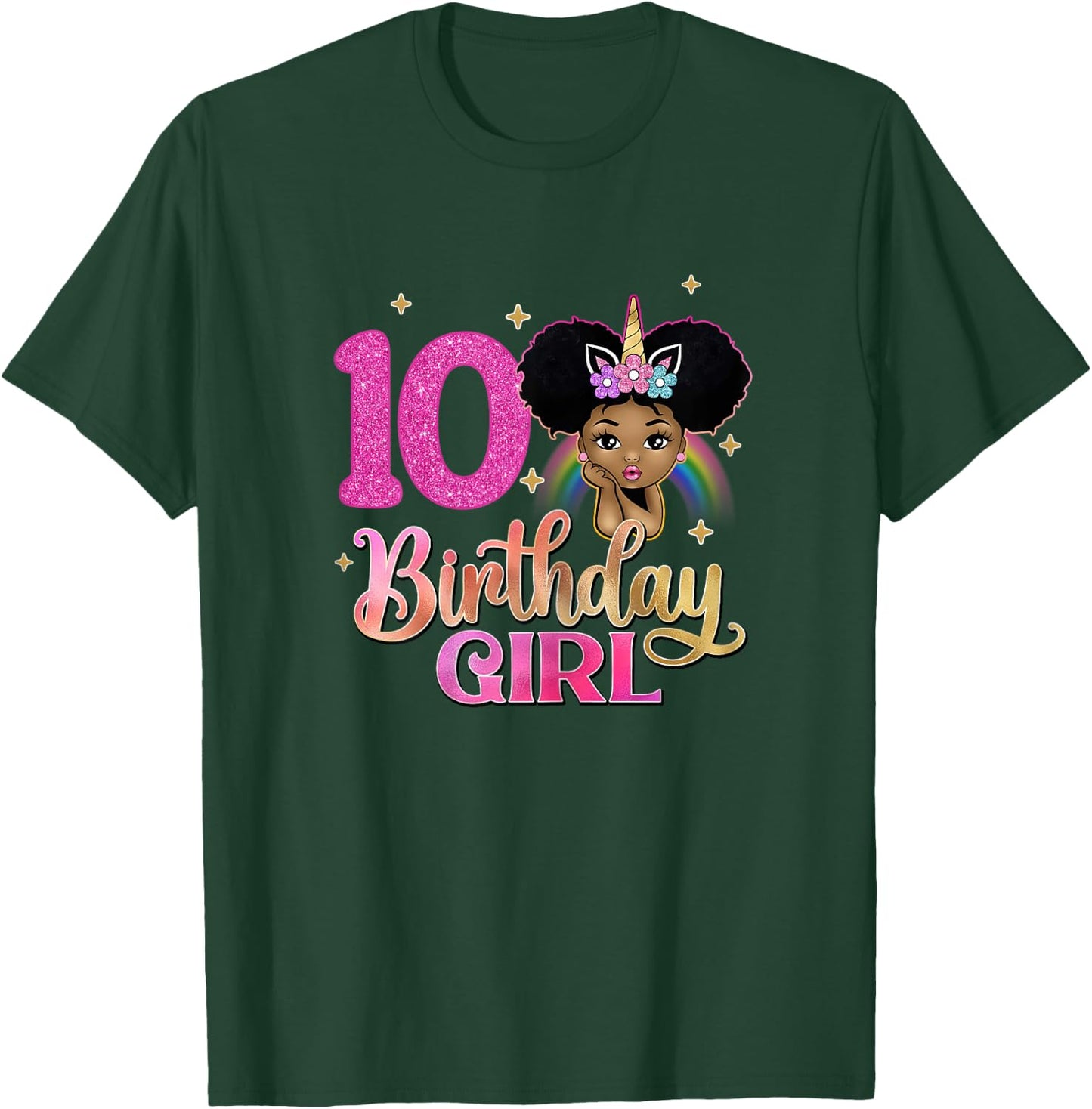 10th Birthday Girl Afro Melanin Unicorn Princess 10 Yrs Old T-Shirt - T-Shirt | Forest