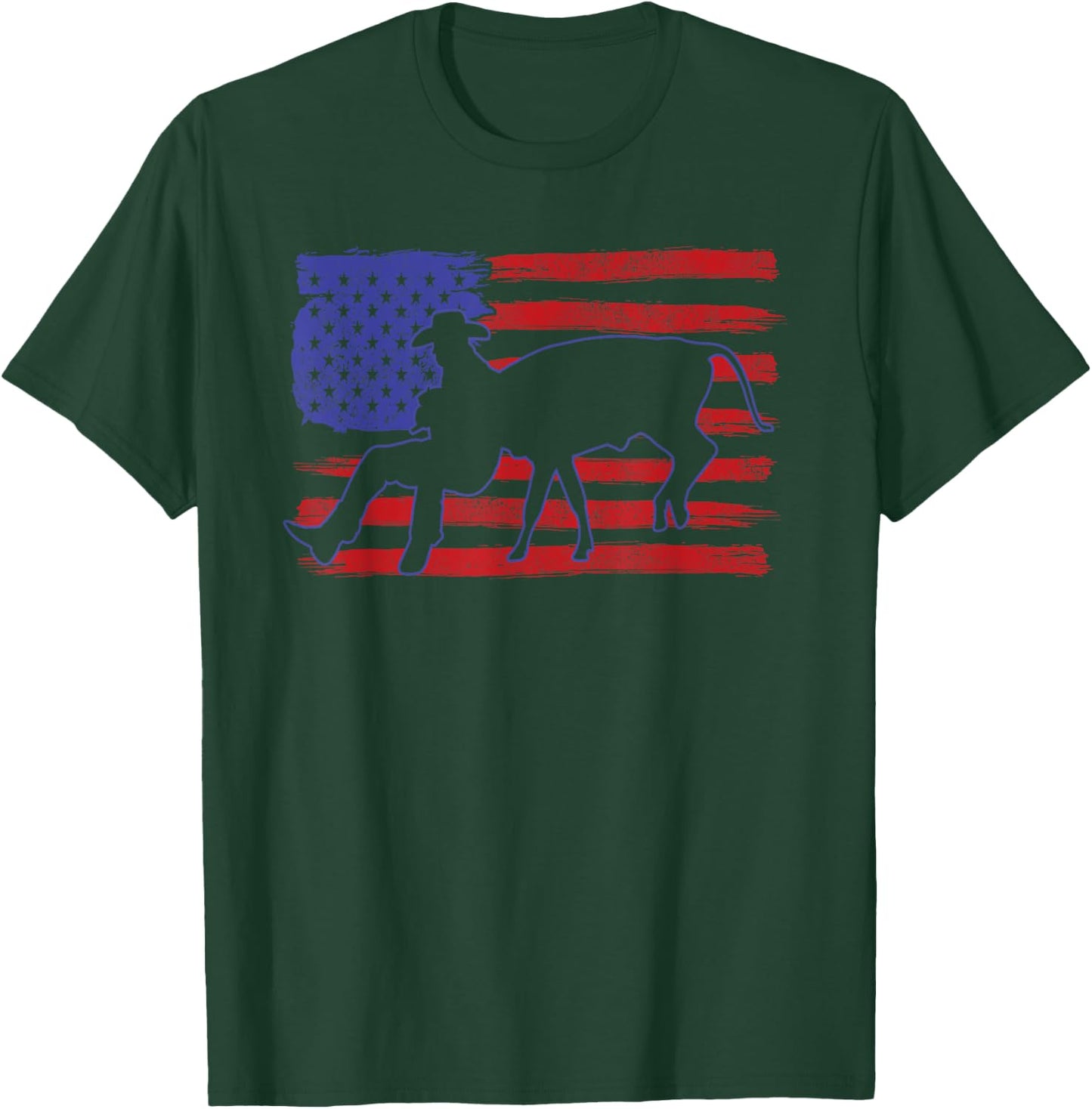 Chute Dogging Steer Wrestling Rodeo Cowboy Event USA Flag T-Shirt - T-Shirt | Forest