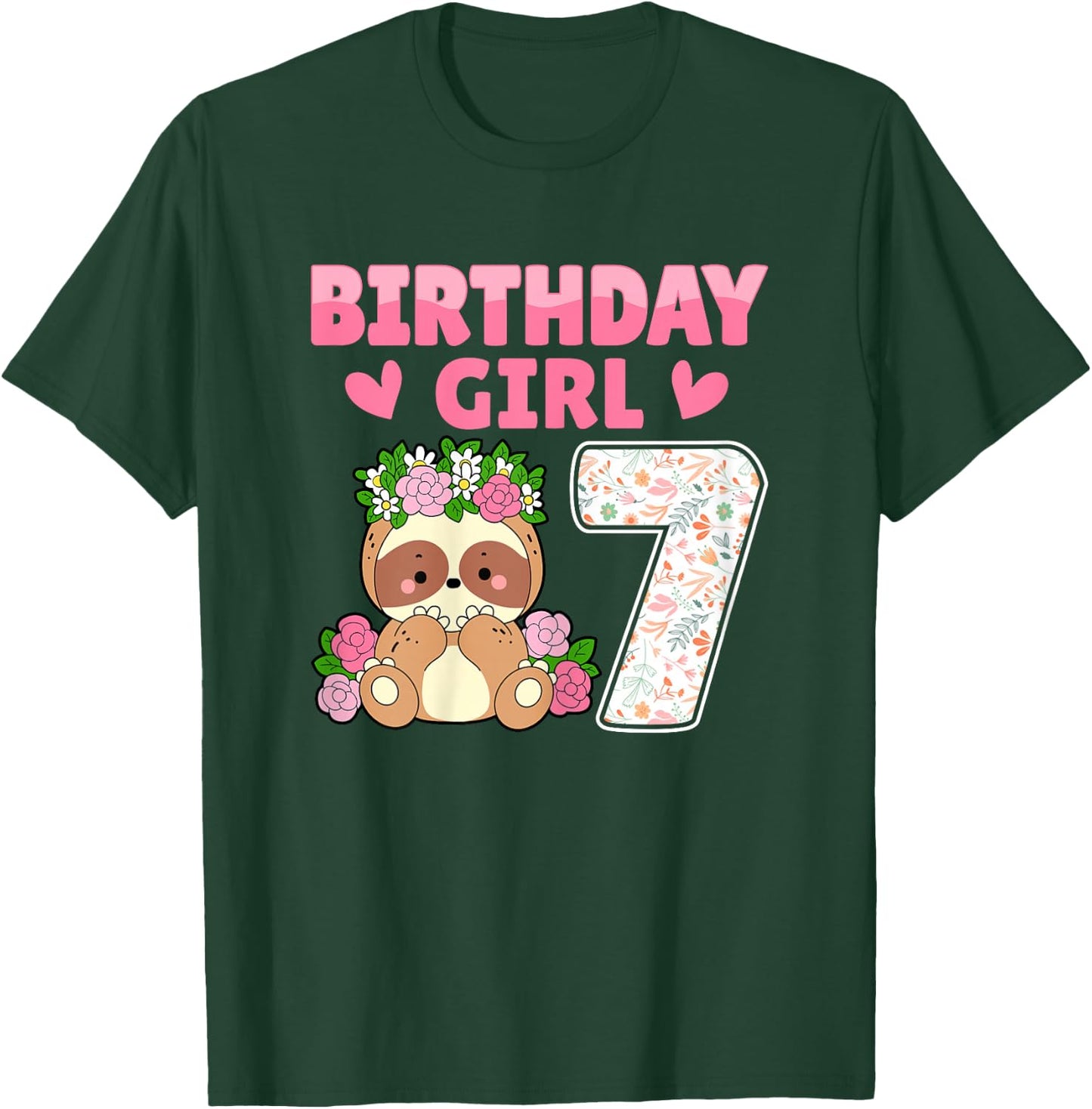 7th Birthday Party Sloth Lover 7 Years Old Birthday Girl T-Shirt - T-Shirt | Forest
