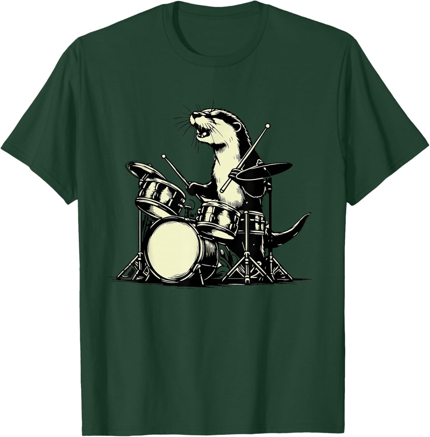 Otter Drummer Rock Retro Drummer Sea Otter Playing Drums T-Shirt - T-Shirt | Forest