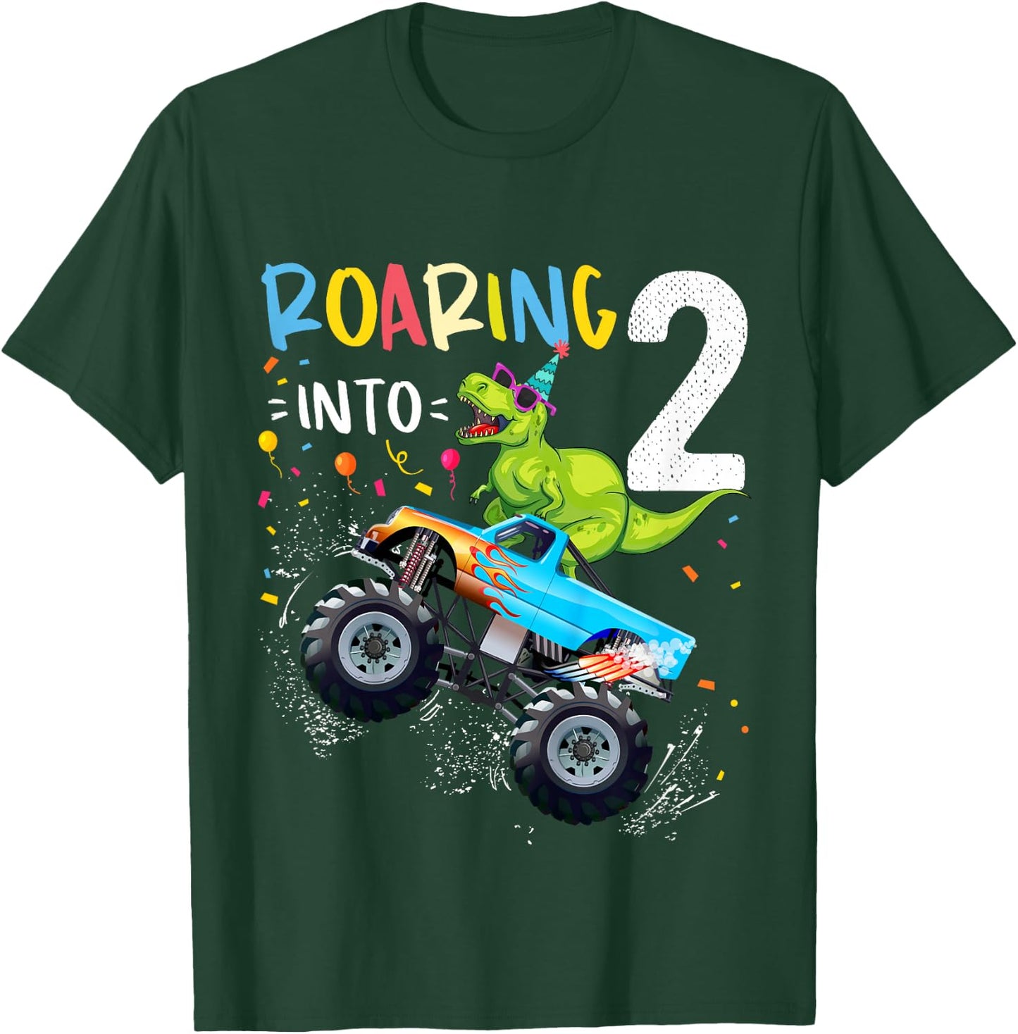 2nd Birthday T Rex Dinosaur Monster Truck Boys and Girls T-Shirt - T-Shirt | Forest