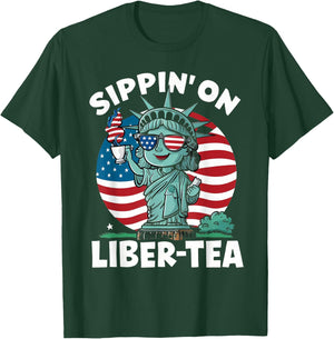Sippin' On Liber Tea Funny 4th Of July Patriotic USA Flag Women Men T-Shirt - T-Shirt | Forest