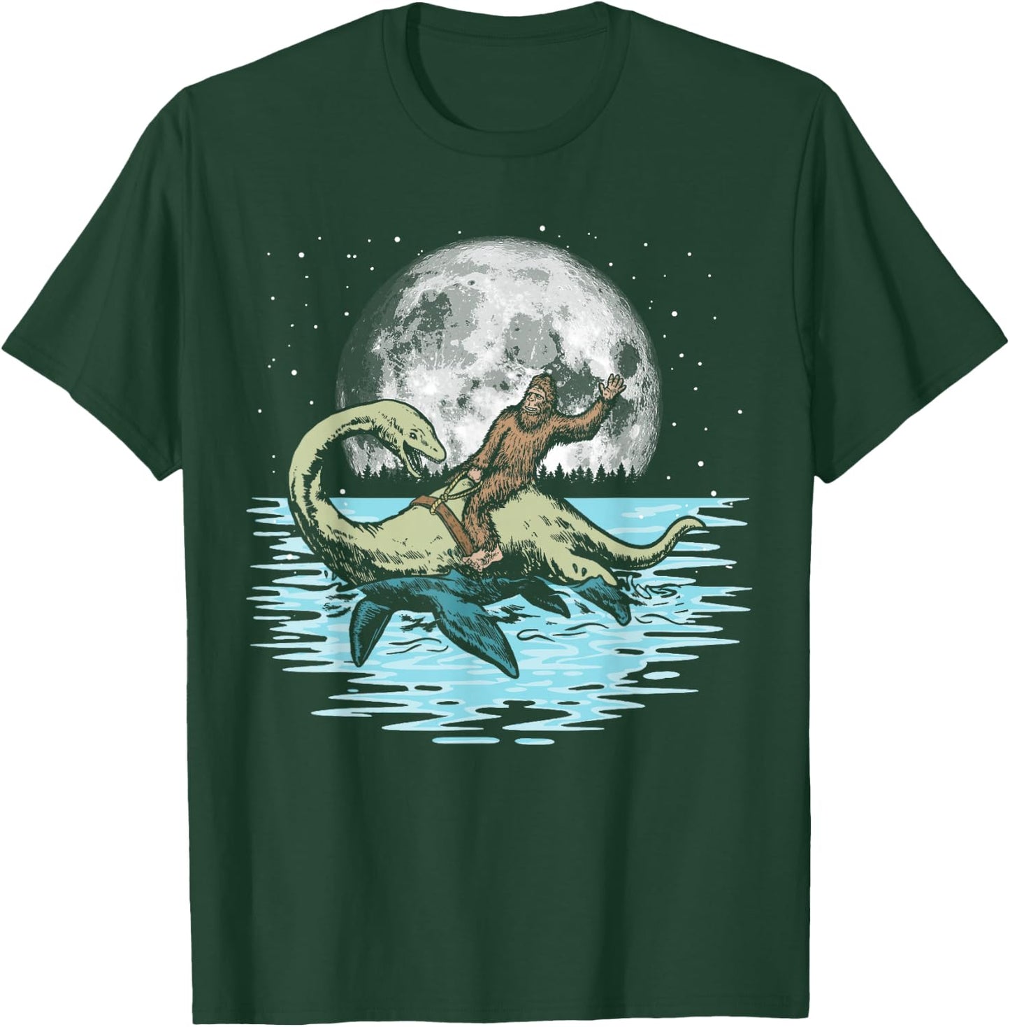 Funny Bigfoot Riding Nessie Loch Ness Monster & Full Moon T-Shirt - T-Shirt | Forest