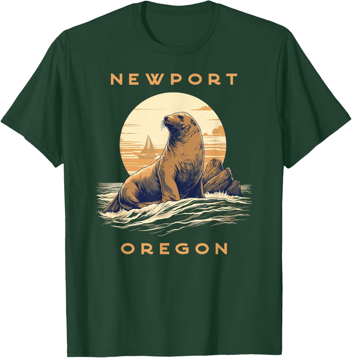 Newport Oregon Vintage Coastal Sea Lion T-Shirt - T-Shirt | Forest
