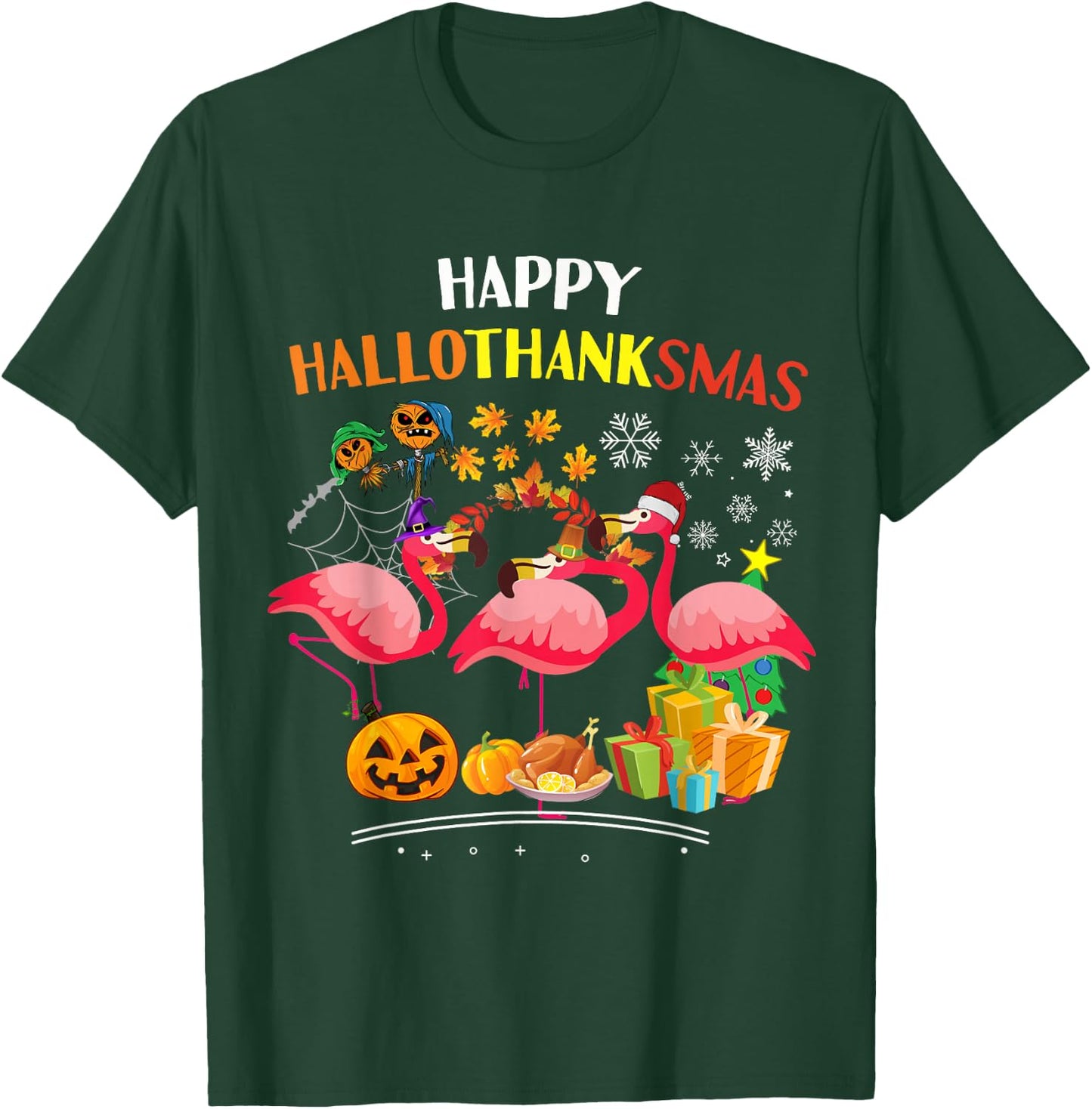 Flamingo Halloween Merry Christmas happy Hallothanksmas T-Shirt - T-Shirt | Forest