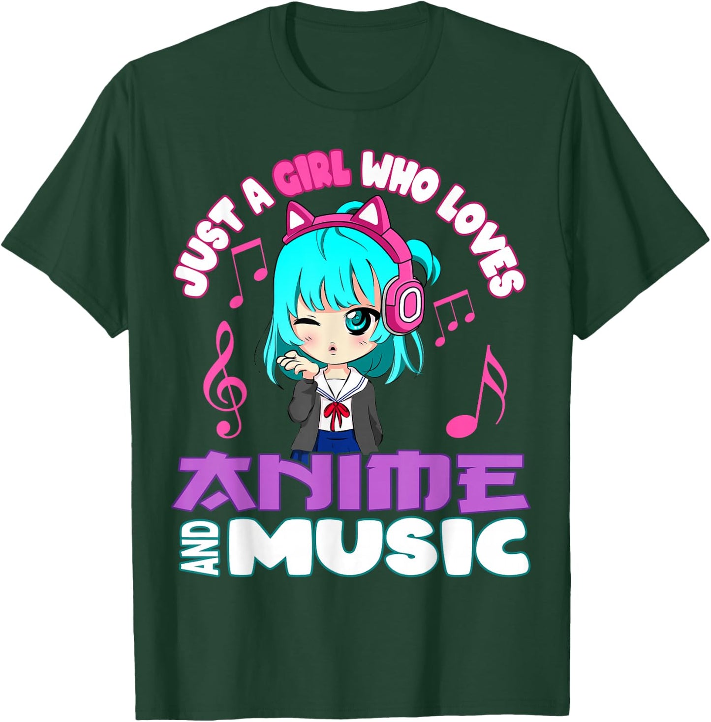 Just a Girl Who Loves Anime and Music Funny Chibi Graphic T-Shirt - T-Shirt | Forest