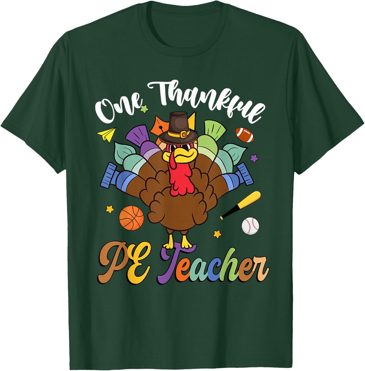 One Thankful PE Teacher Turkey Thanksgiving -Adults & Kids Classic Fit Black Polyester 100% Short Sleeve T-Shirt - T-Shirt | Forest
