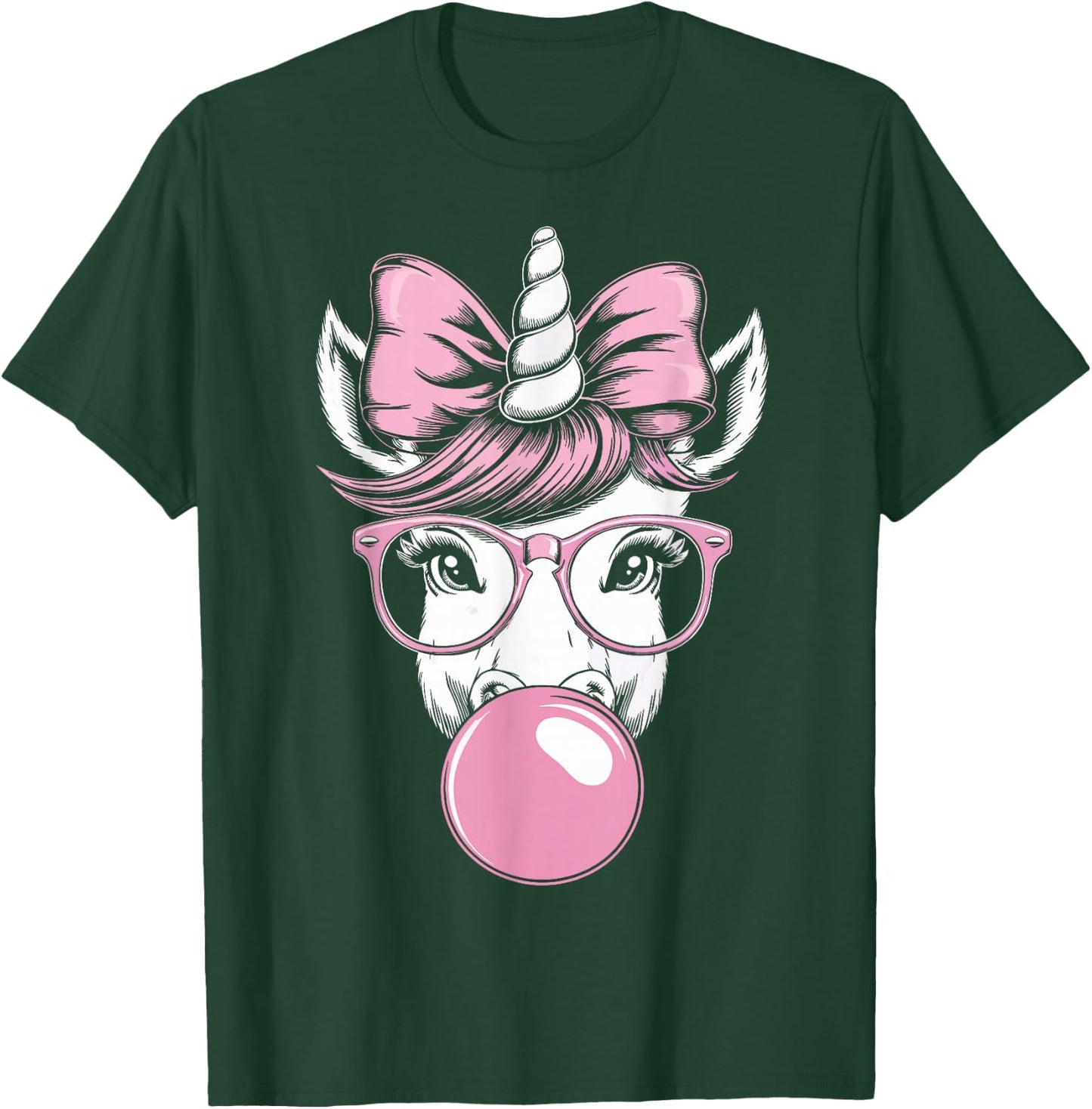 Unicorn Wearing Glasses and Blowing Pink Bubble Gum T-Shirt - T-Shirt | Forest