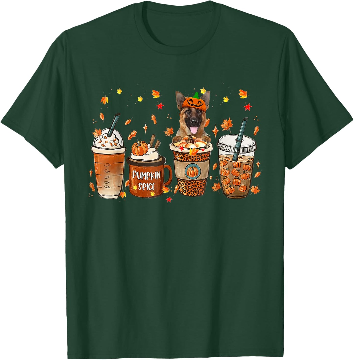 German Shepherd Fall Coffee Pumpkin Spice Latte Iced Autumn T-Shirt - T-Shirt | Forest