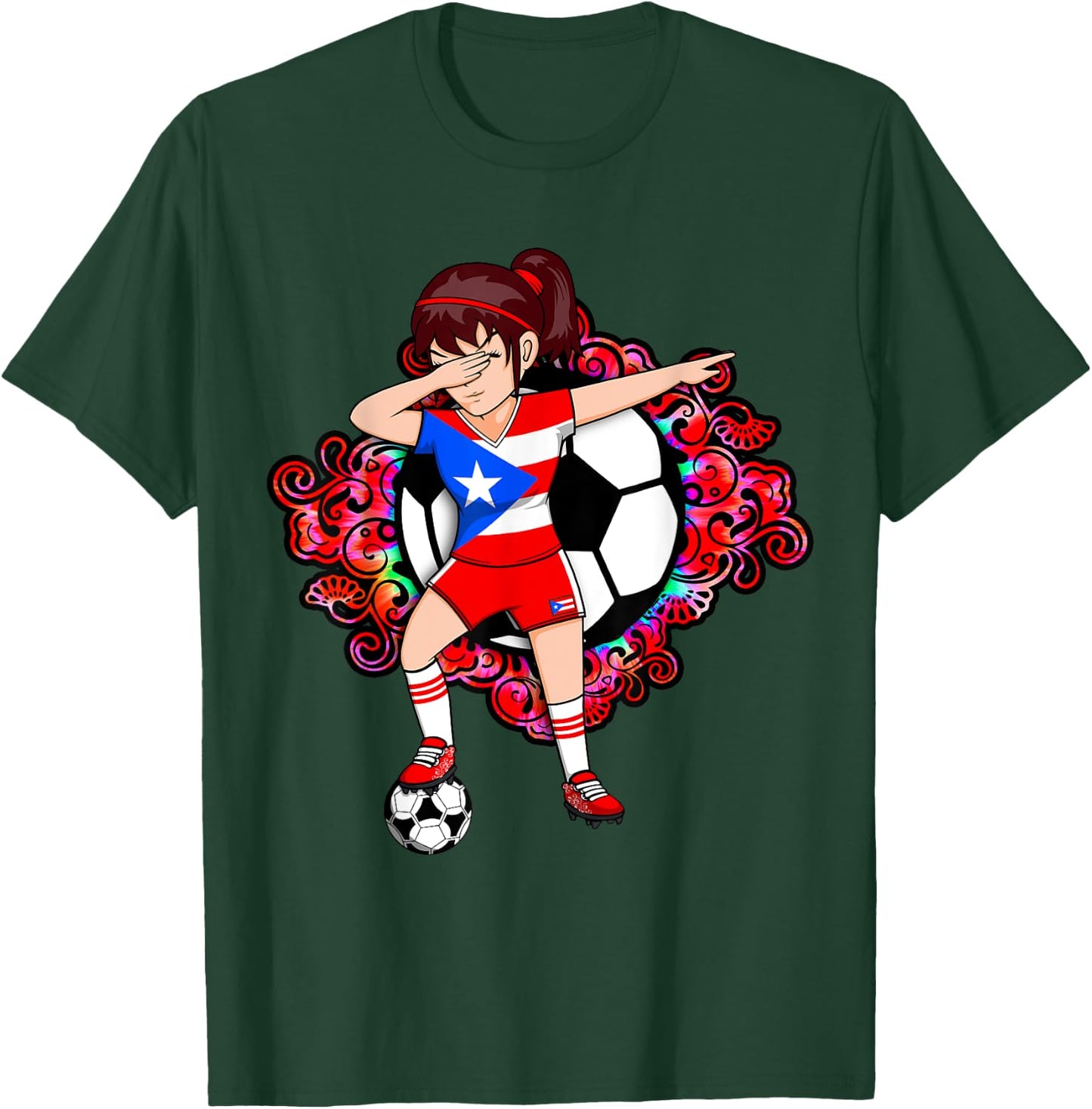 Dabbing Soccer Girl Puerto Rico Fans Jersey Football Flower T-Shirt - T-Shirt | Forest