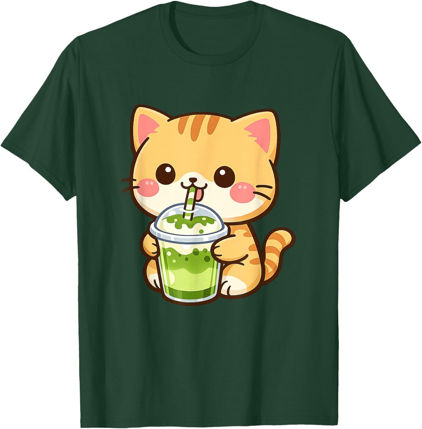 Cute Kawaii Cat Drinking Matcha Latte Green Tea T-Shirt - T-Shirt | Forest