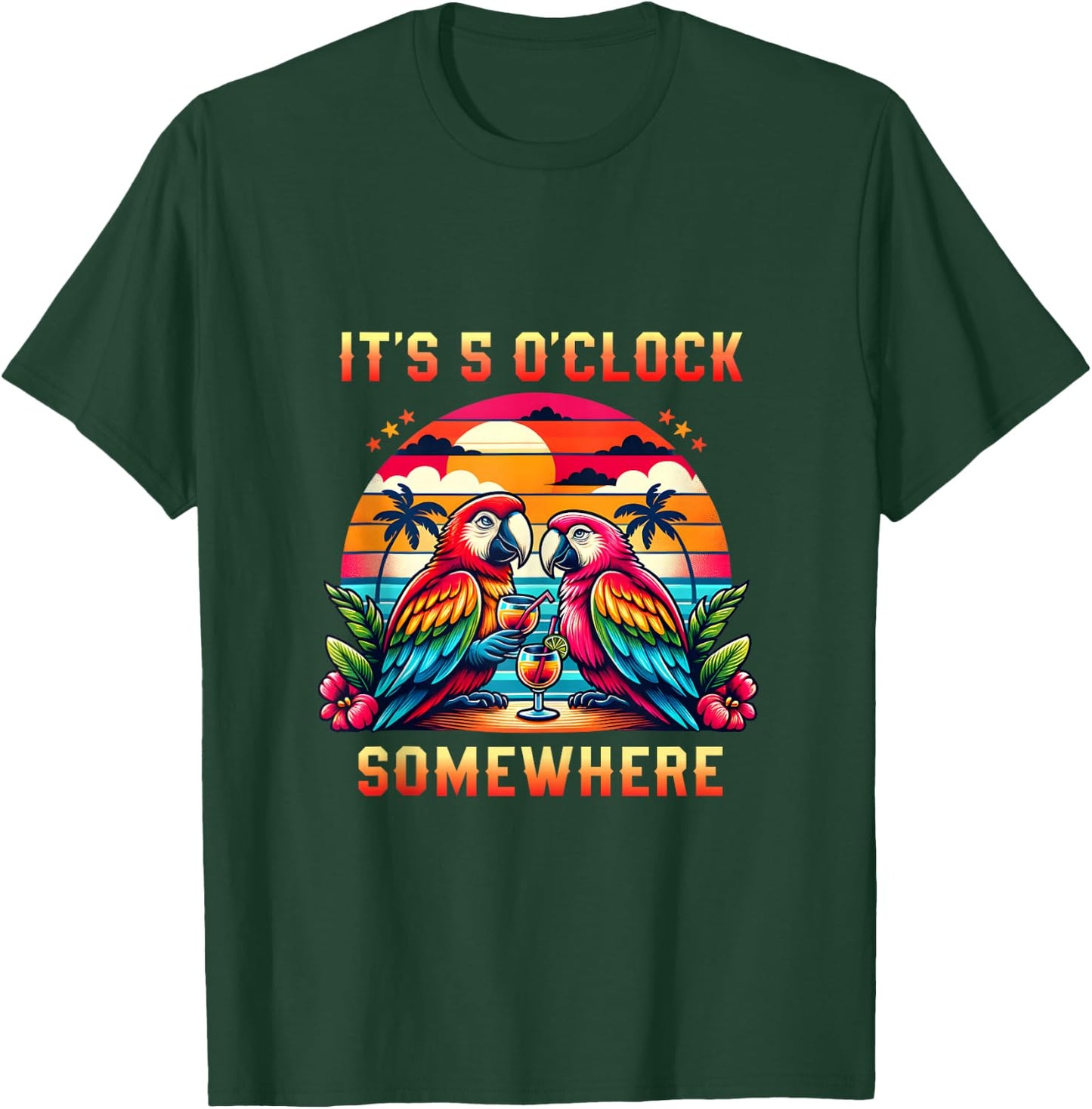 It's 5 O'clock Somewhere Parrot Sunset Drinking Summer Retro T-Shirt - T-Shirt | Forest