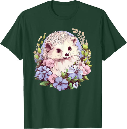 Cute Hedgehog With Flowers I Hedgehog T-Shirt - T-Shirt | Forest