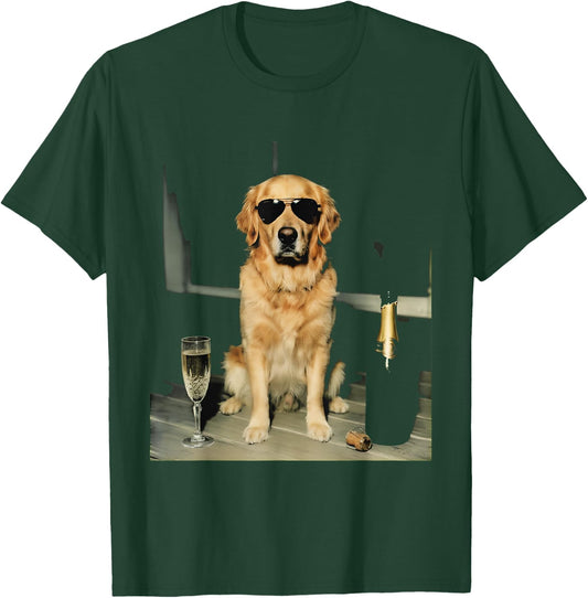Golden Retriever Drinking Champagne Funny Dog Sunglasses T-Shirt - T-Shirt | Forest