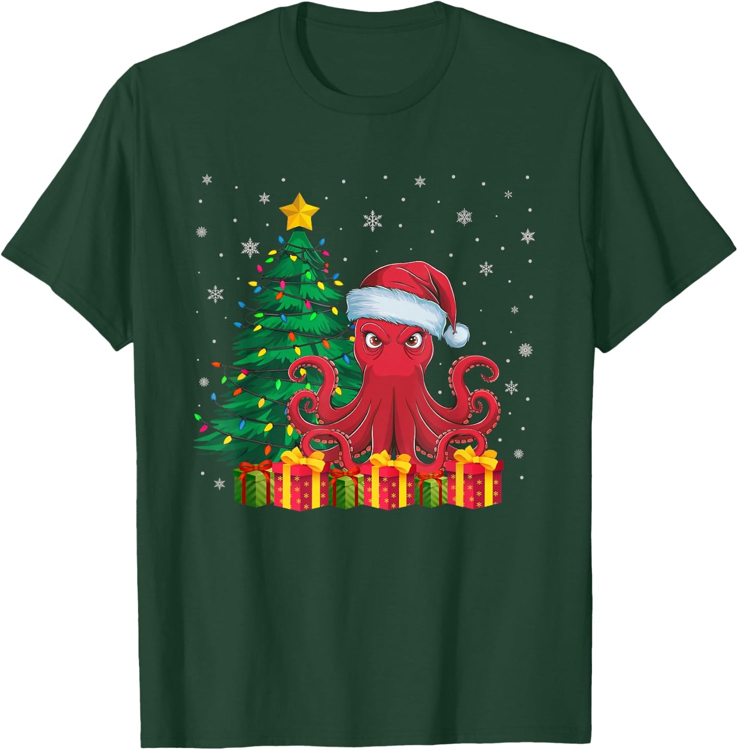 Ugly Octopus Santa Hat Christmas Tree Lights Pajama T-Shirt - T-Shirt | Forest